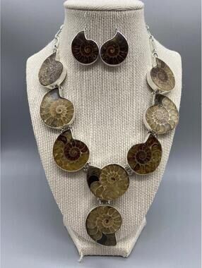 Vintage Set Sterling Silver 925 Ammonite Fossil Shell Necklace & Earrings Heavy